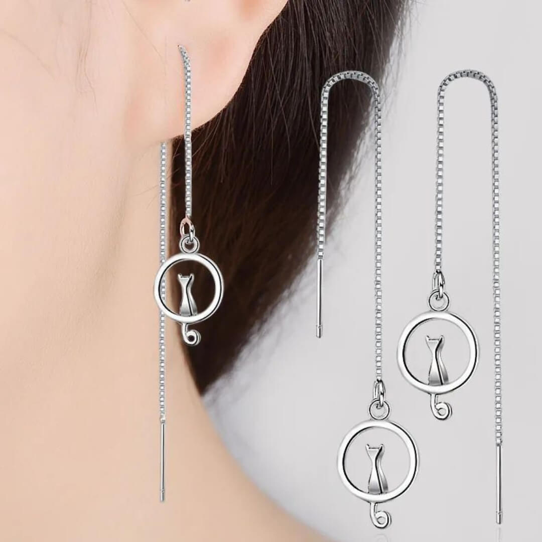 Silver Cat Threader Drop Earrings - Diane Jewelry