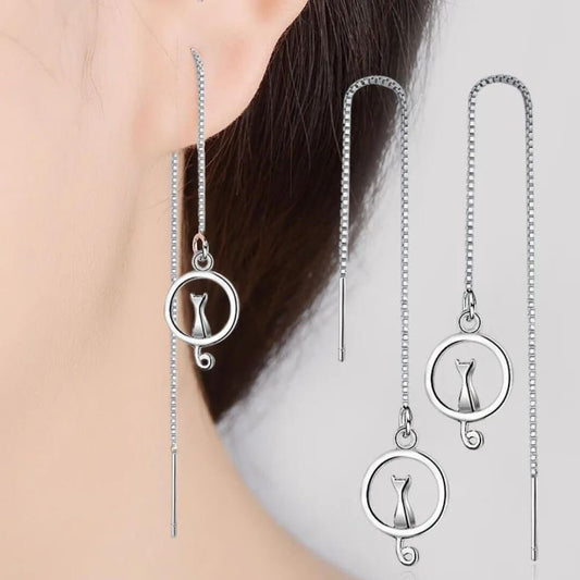Silver Cat Threader Drop Earrings - Diane Jewelry