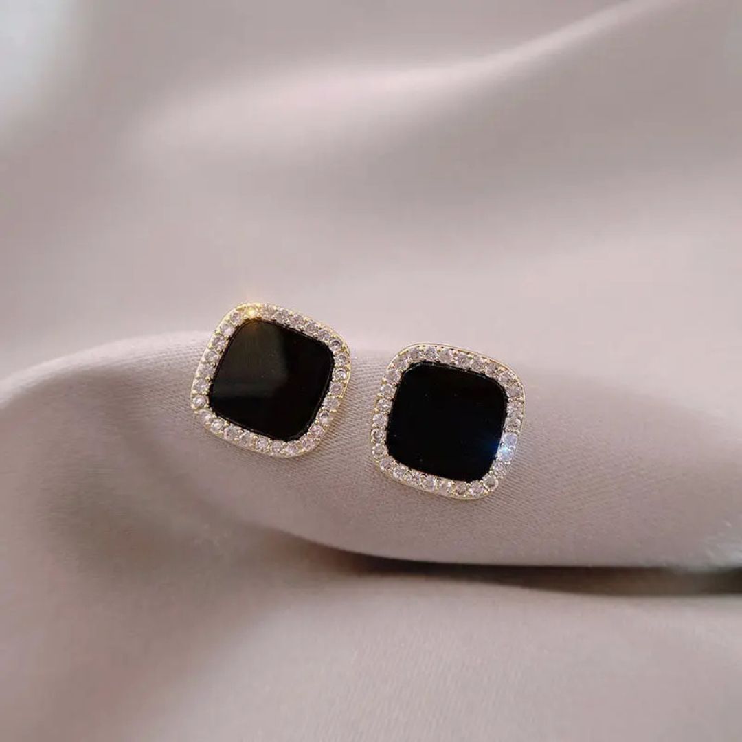 Gold Black Gem Halo Stud Earrings - Diane Jewelry