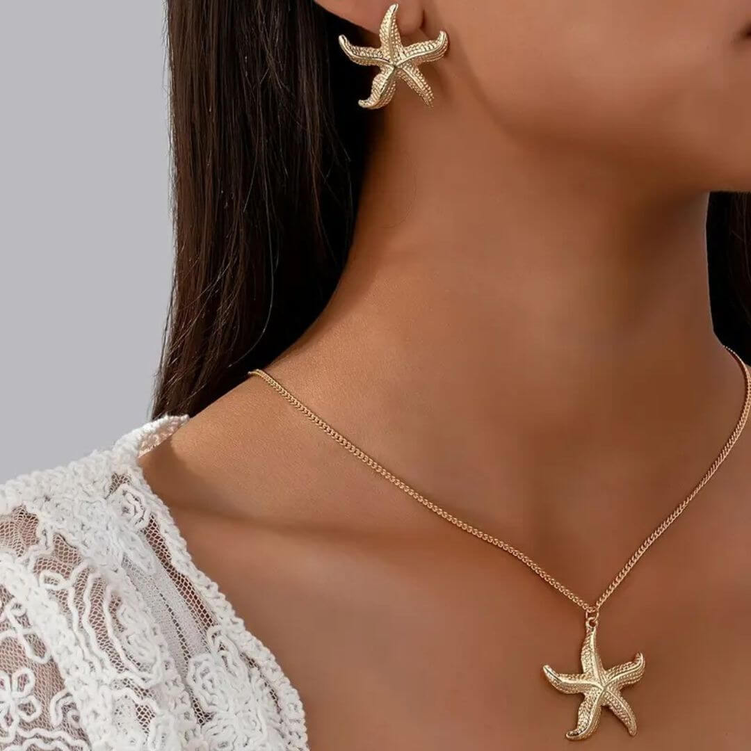Gold Starfish Necklace Earring Set - Diane Jewelry