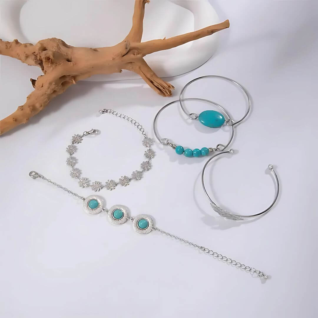Boho Turquoise Silver Bracelet Set - Diane Jewelry