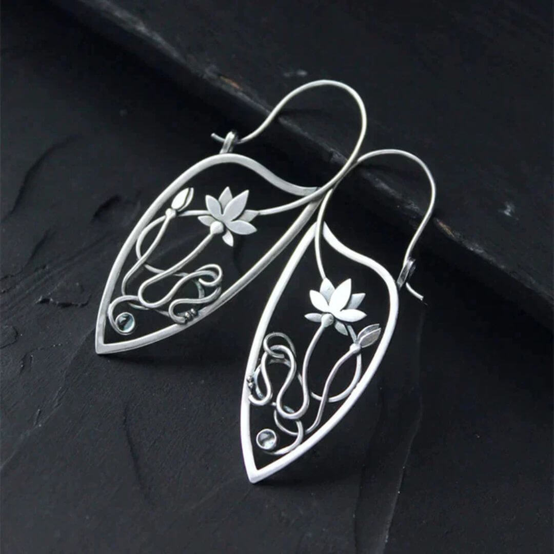 Silver Lotus Flower Dangle Earrings - Diane Jewelry