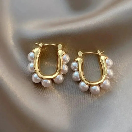 Gold Pearl Half Hoop Earrings - Diane Jewelry