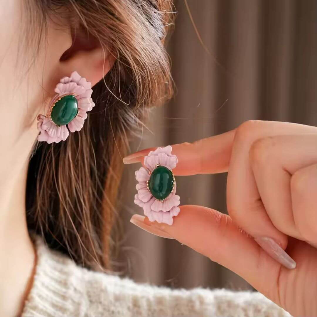 Pink Flower Green Stone Earrings - Diane Jewelry