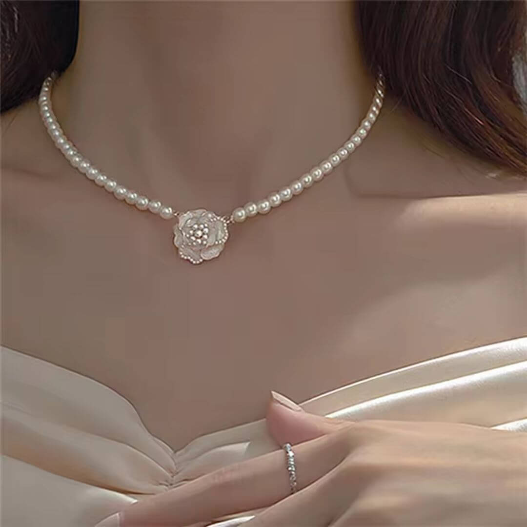 Pearl Flower Drop Choker Necklace - Diane Jewelry