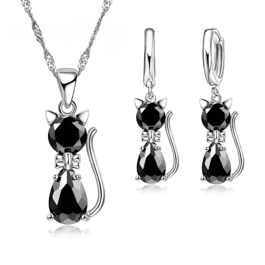 Crystal Cat Necklace Earring Set - Diane Jewelry