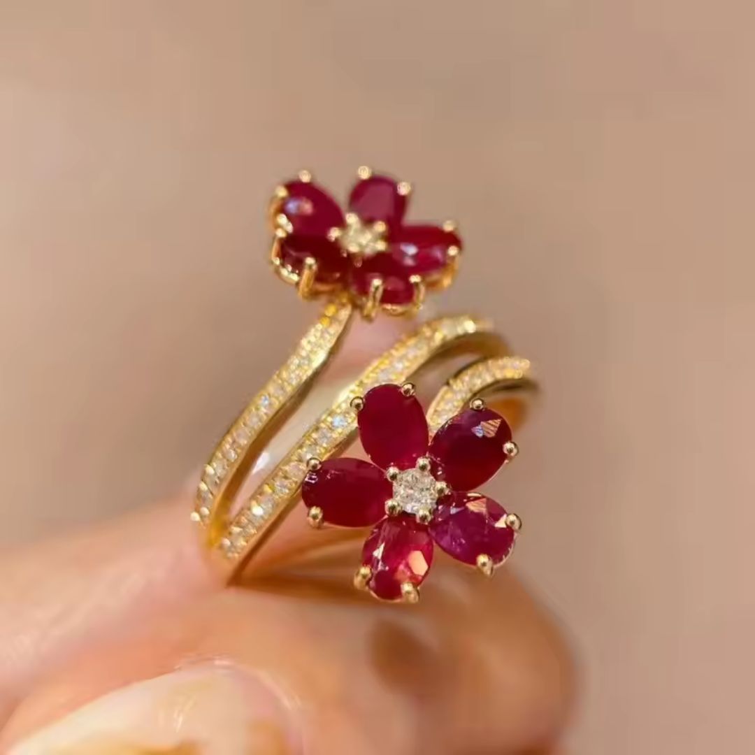 Gold Ruby Flower Statement Ring - Diane Jewelry