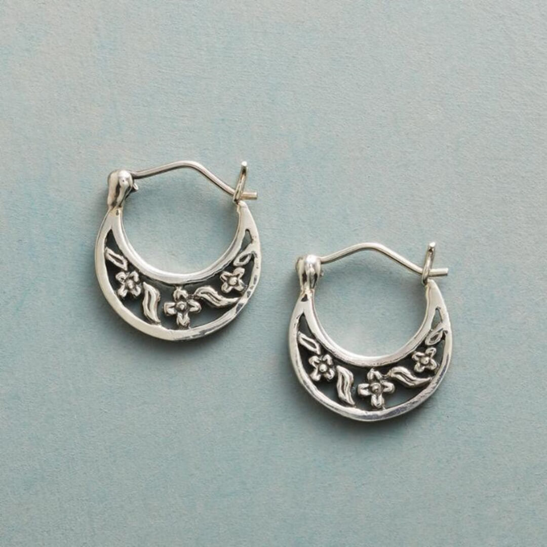 Vintage Etched Crescent Hoop Earrings - Diane Jewelry