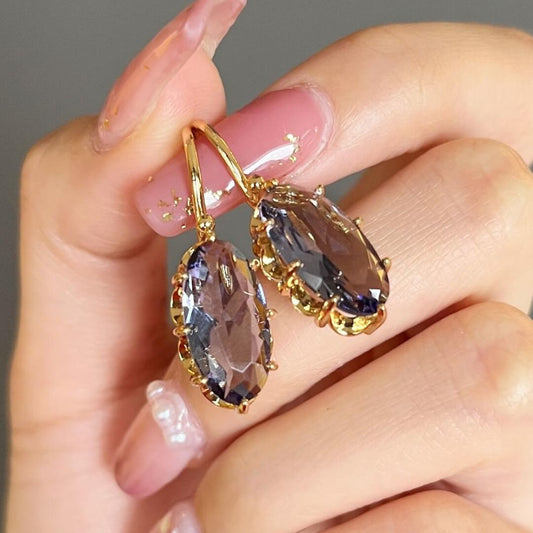 Gold Oval Blue Crystal Earrings - Diane Jewelry