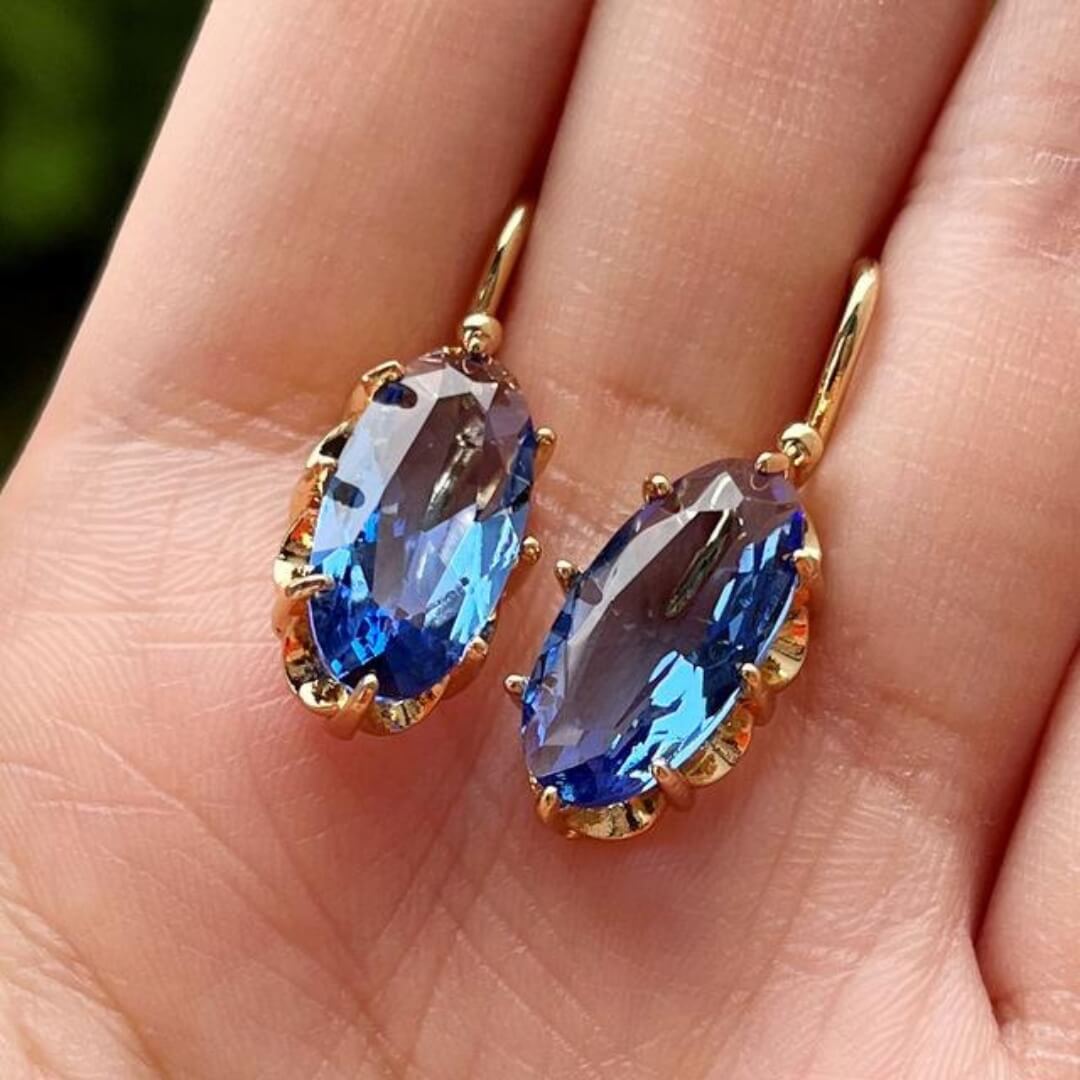 Gold Oval Blue Crystal Earrings - Diane Jewelry
