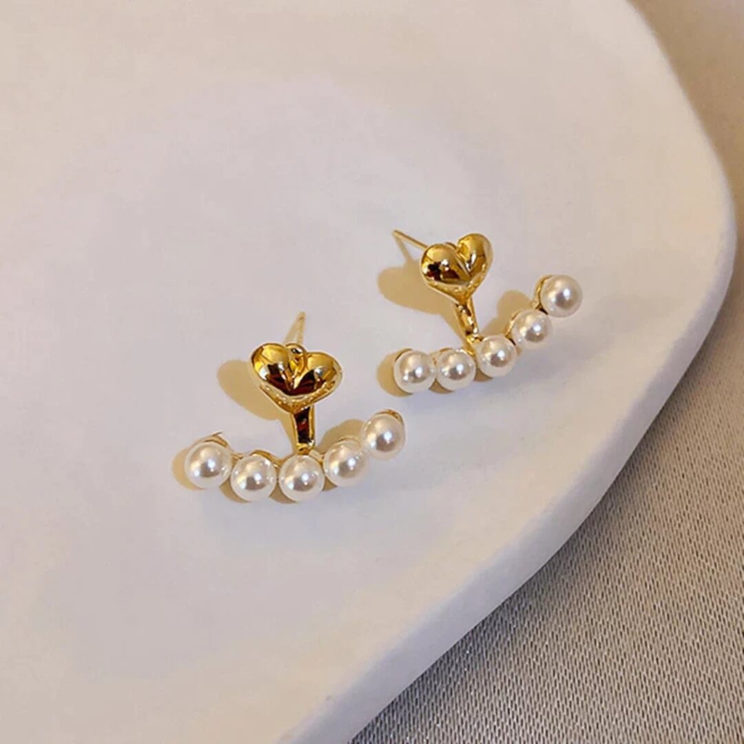 Gold Heart Pearl Stud Earrings - Diane Jewelry