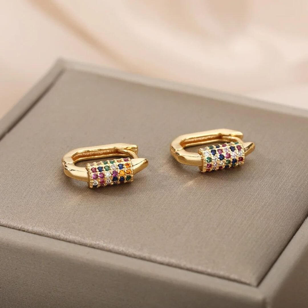Gold Hoop Earrings with Multicolor Stones - Diane Jewelry