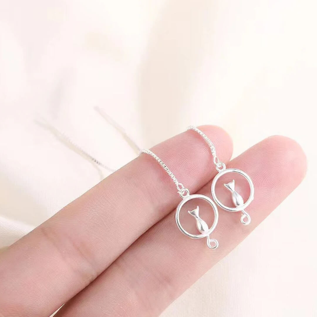 Silver Cat Threader Drop Earrings - Diane Jewelry