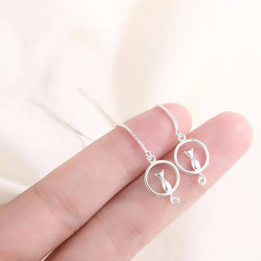 Silver Cat Threader Drop Earrings - Diane Jewelry