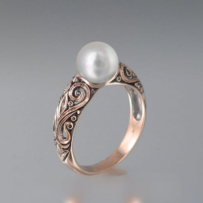 Rose Gold Filigree Pearl Ring - Diane Jewelry