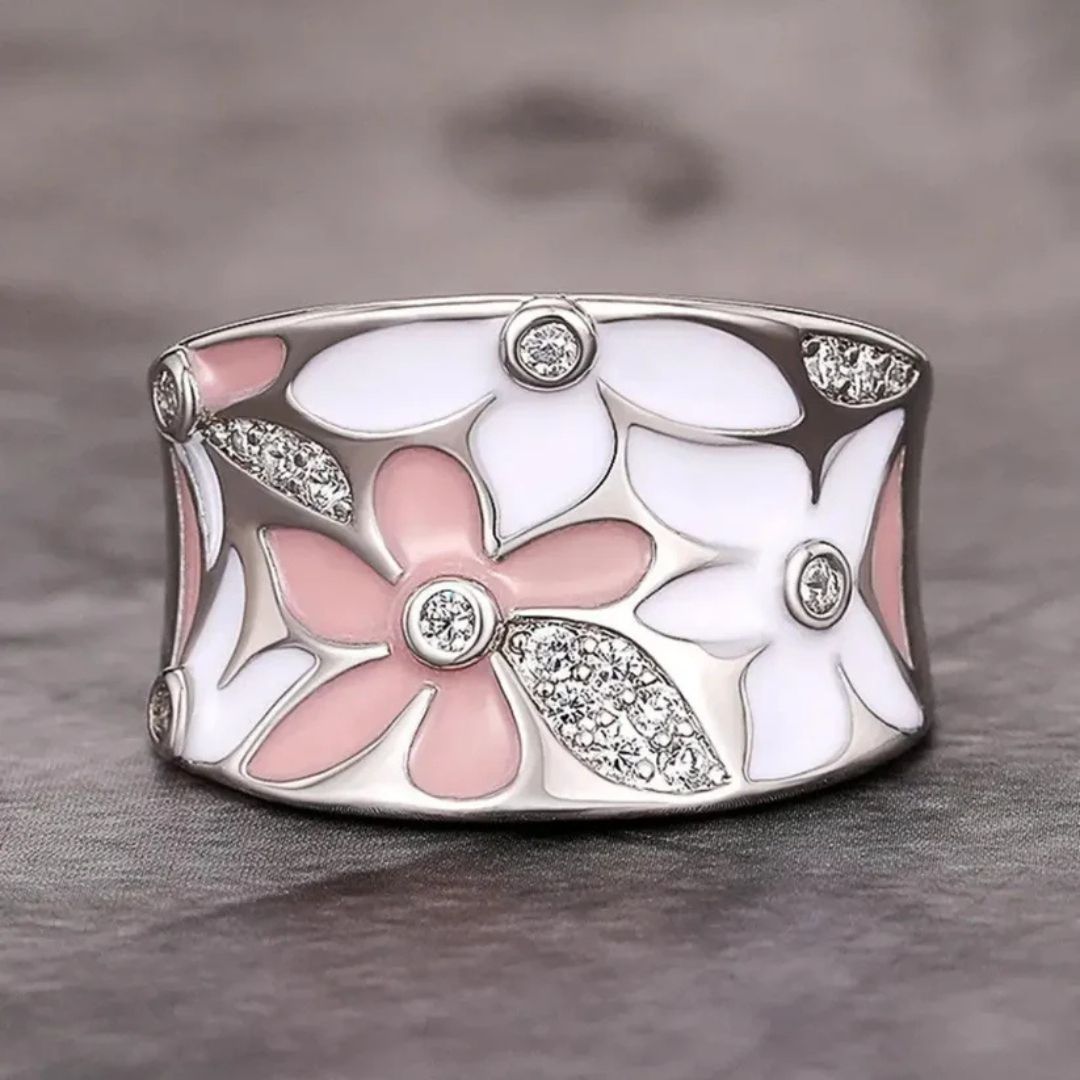 Pink White Floral Enamel Ring - Diane Jewelry