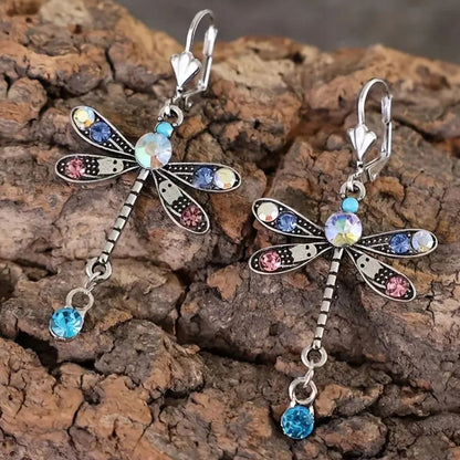 Silver Colorful Dragonfly Dangle Earrings - Diane Jewelry