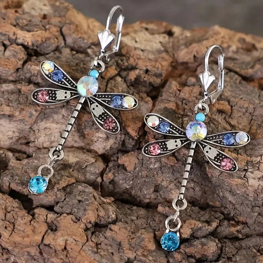 Silver Colorful Dragonfly Dangle Earrings - Diane Jewelry
