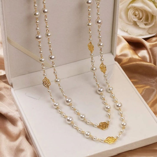 Gold Rose Pearl Layer Necklace - Diane Jewelry