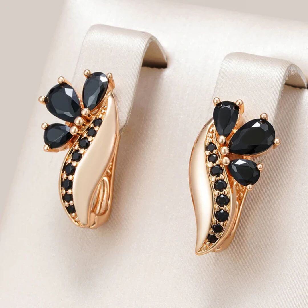 Floral Earrings with Black Gemstones - Diane Jewelry