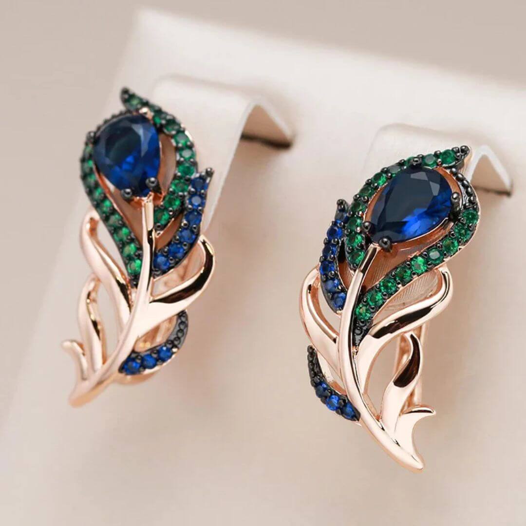 Peacock Feather Crystal Stud Earrings - Diane Jewelry