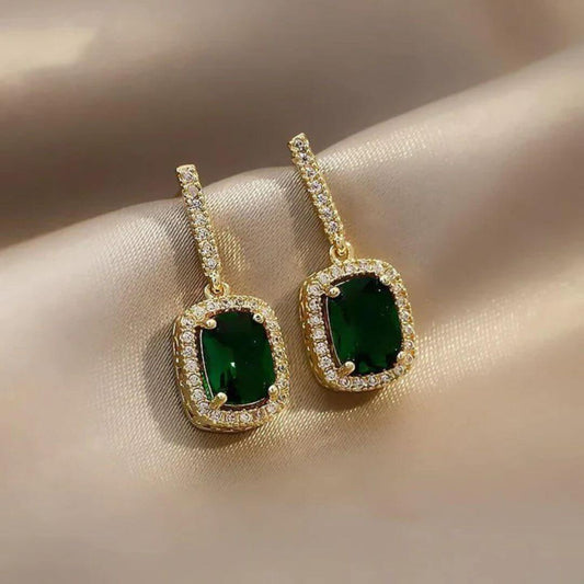 Green Crystal Gold Drop Earrings - Diane Jewelry