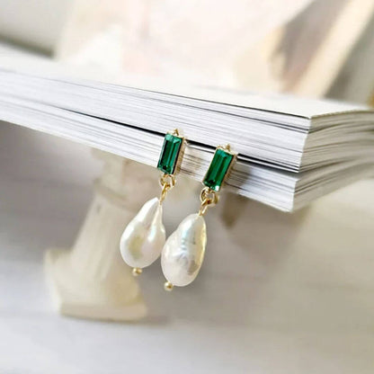 Emerald Green Pearl Drop Earrings - Diane Jewelry