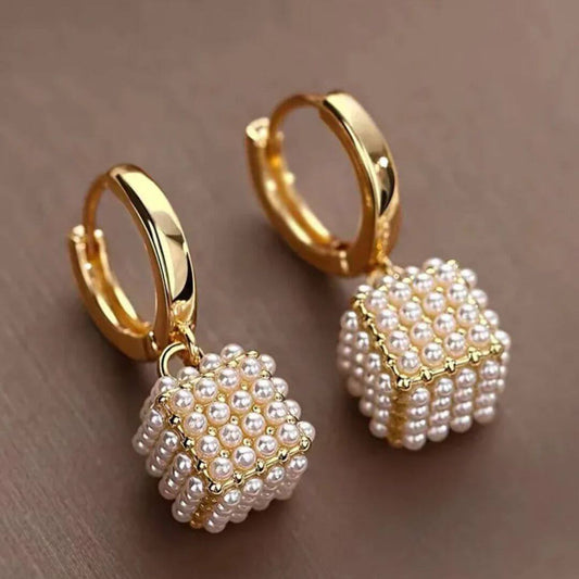 Pearl Cube Drop Hoop Earrings - Diane Jewelry