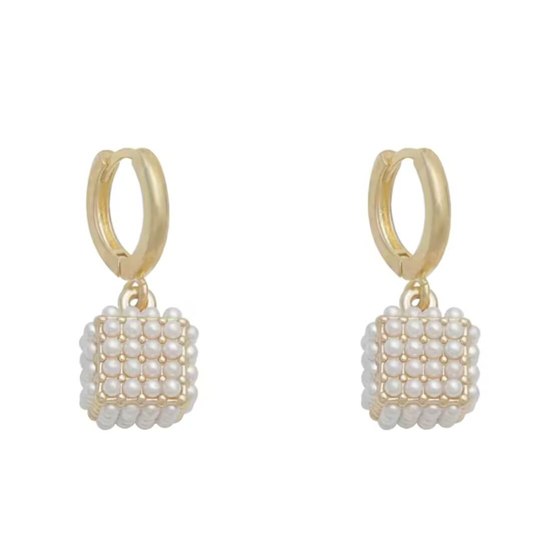 Pearl Cube Drop Hoop Earrings - Diane Jewelry