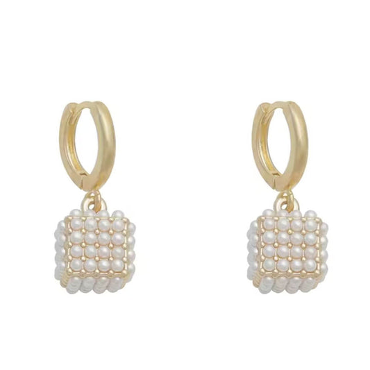 Pearl Cube Drop Hoop Earrings - Diane Jewelry