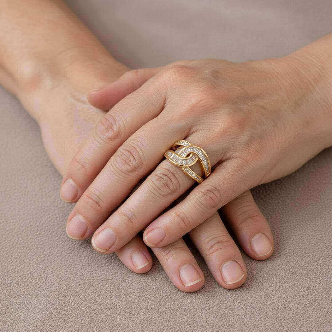 Gold Baguette Crisscross Statement Ring Emma & Noah Jewelry