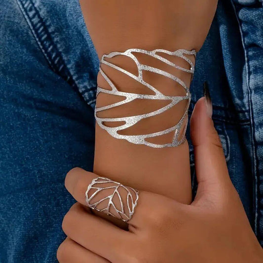 Silver Leaf Cutout Cuff Bracelet - Diane Jewelry