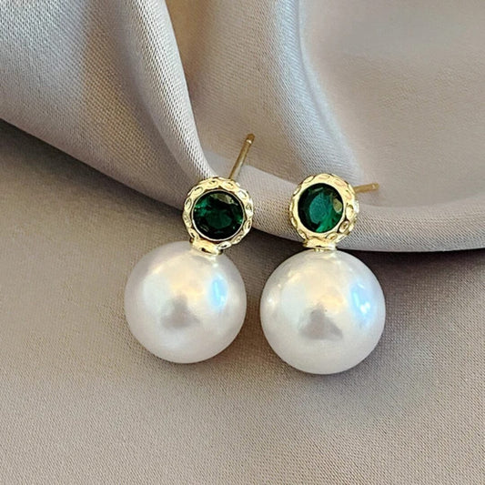 Emerald Pearl Gold Stud Earrings - Diane Jewelry