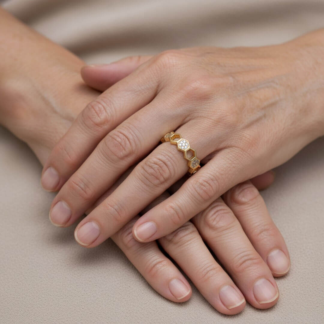 Honeycomb Hexagon Gold Crystal Ring Emma & Noah Jewelry