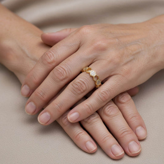 Honeycomb Hexagon Gold Crystal Ring Emma & Noah Jewelry