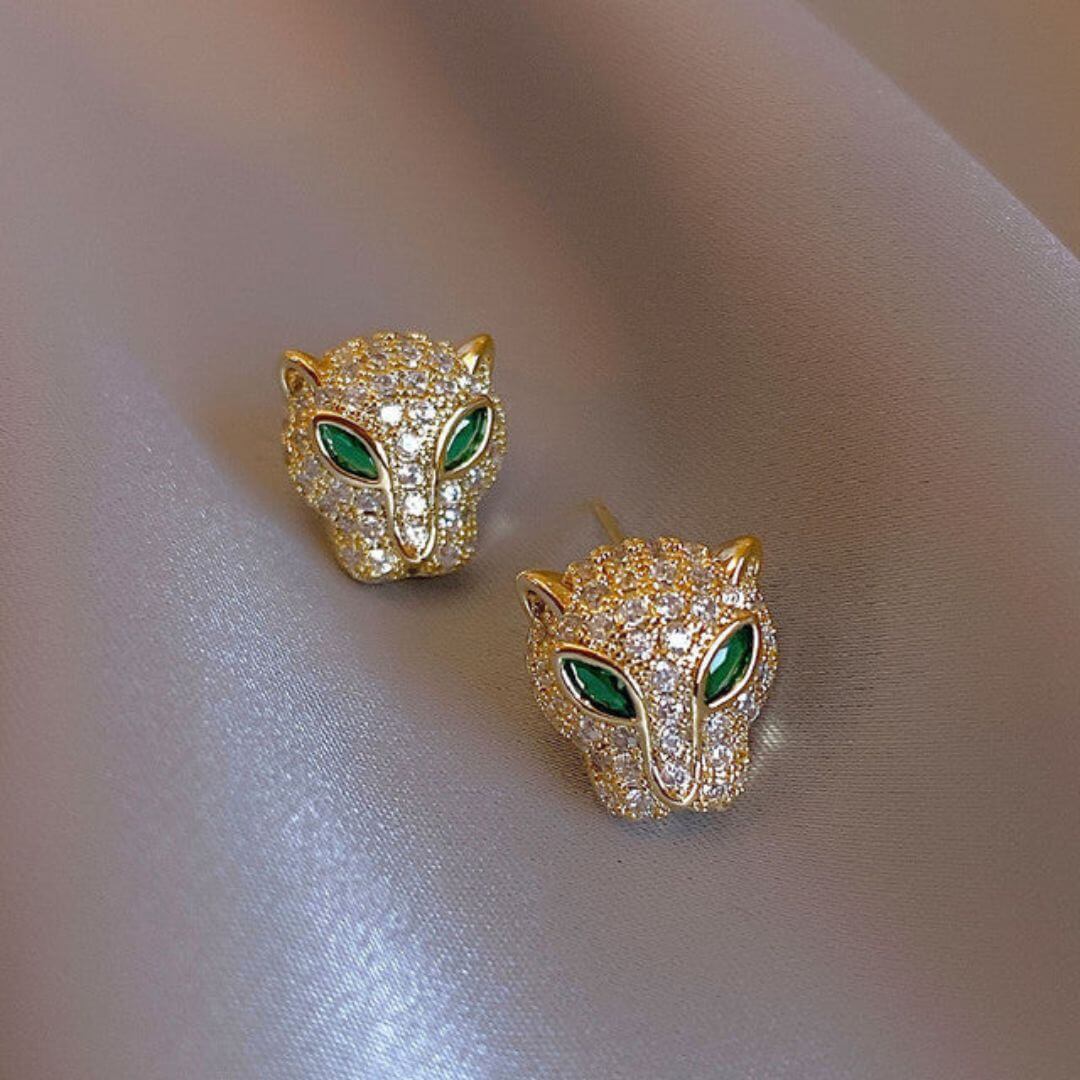 Leopard Head Green Eye Earrings - Diane Jewelry