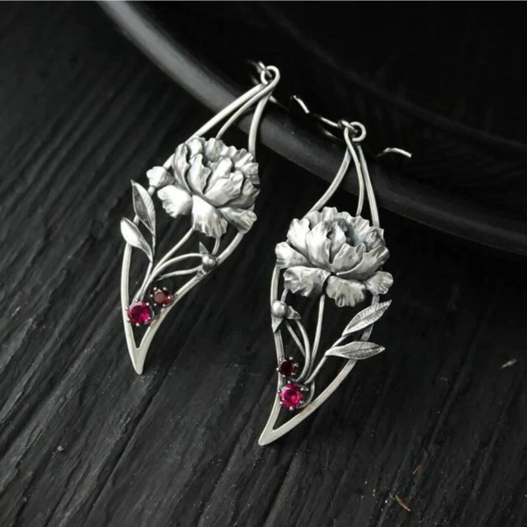 Silver Floral Gemstone Drop Earrings - Diane Jewelry