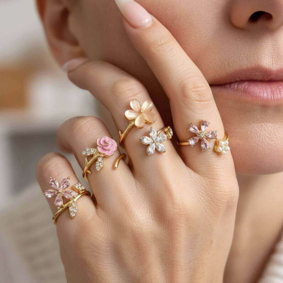 Colorful Flower Adjustable Ring Set Emma & Noah Jewelry