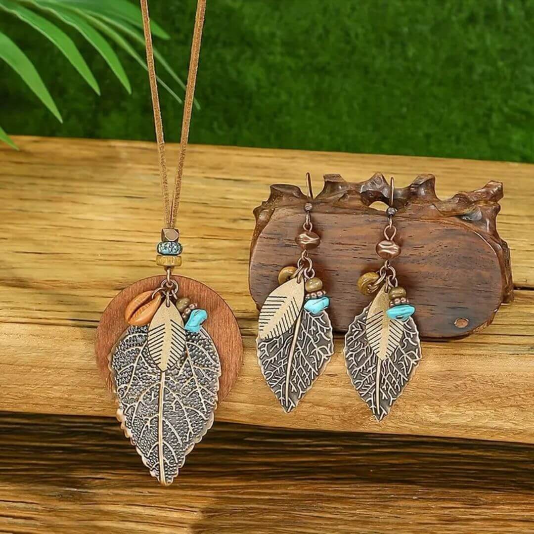 Boho Leaf Necklace Earring Set - Diane Jewelry