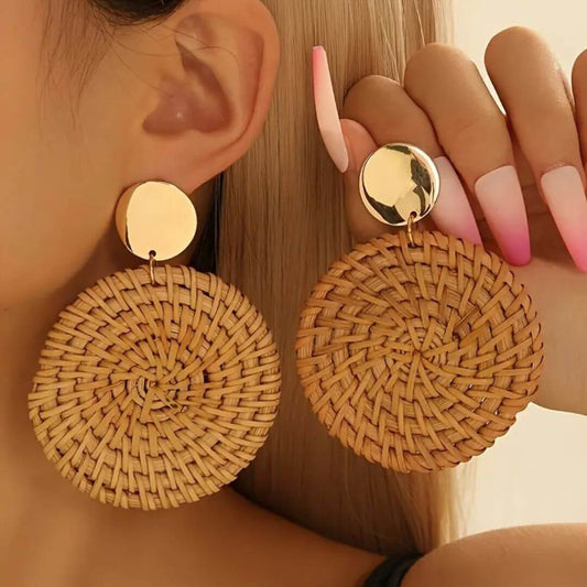 Boho Rattan Circle Drop Earrings - Diane Jewelry