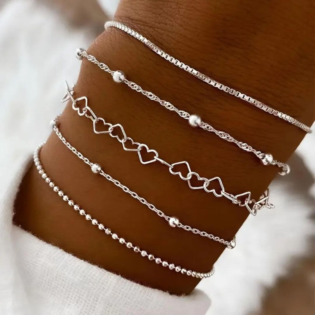 Silver Heart Layered Bracelet Set - Diane Jewelry