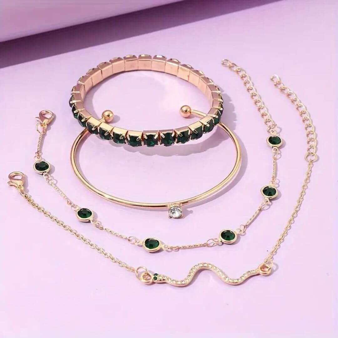 Gold Green Crystal Bracelet Set - Diane Jewelry