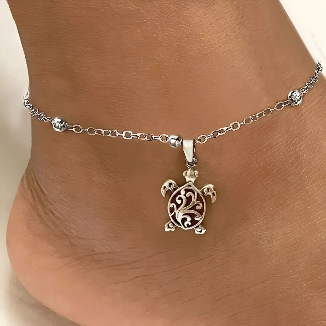 Silver Turtle Pendant Chain Anklet - Diane Jewelry