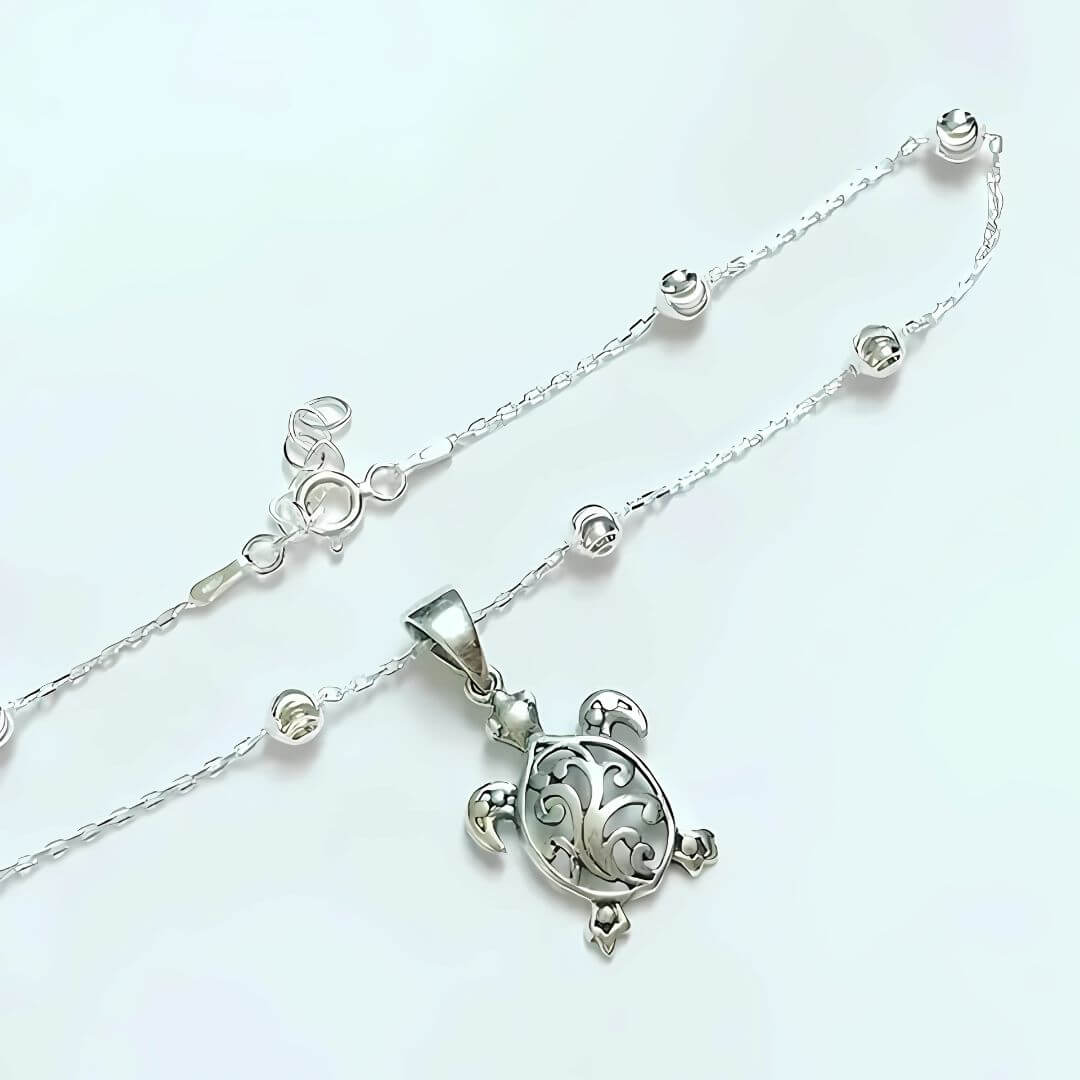 Silver Turtle Pendant Chain Anklet - Diane Jewelry