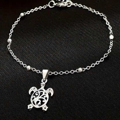 Silver Turtle Pendant Chain Anklet - Diane Jewelry
