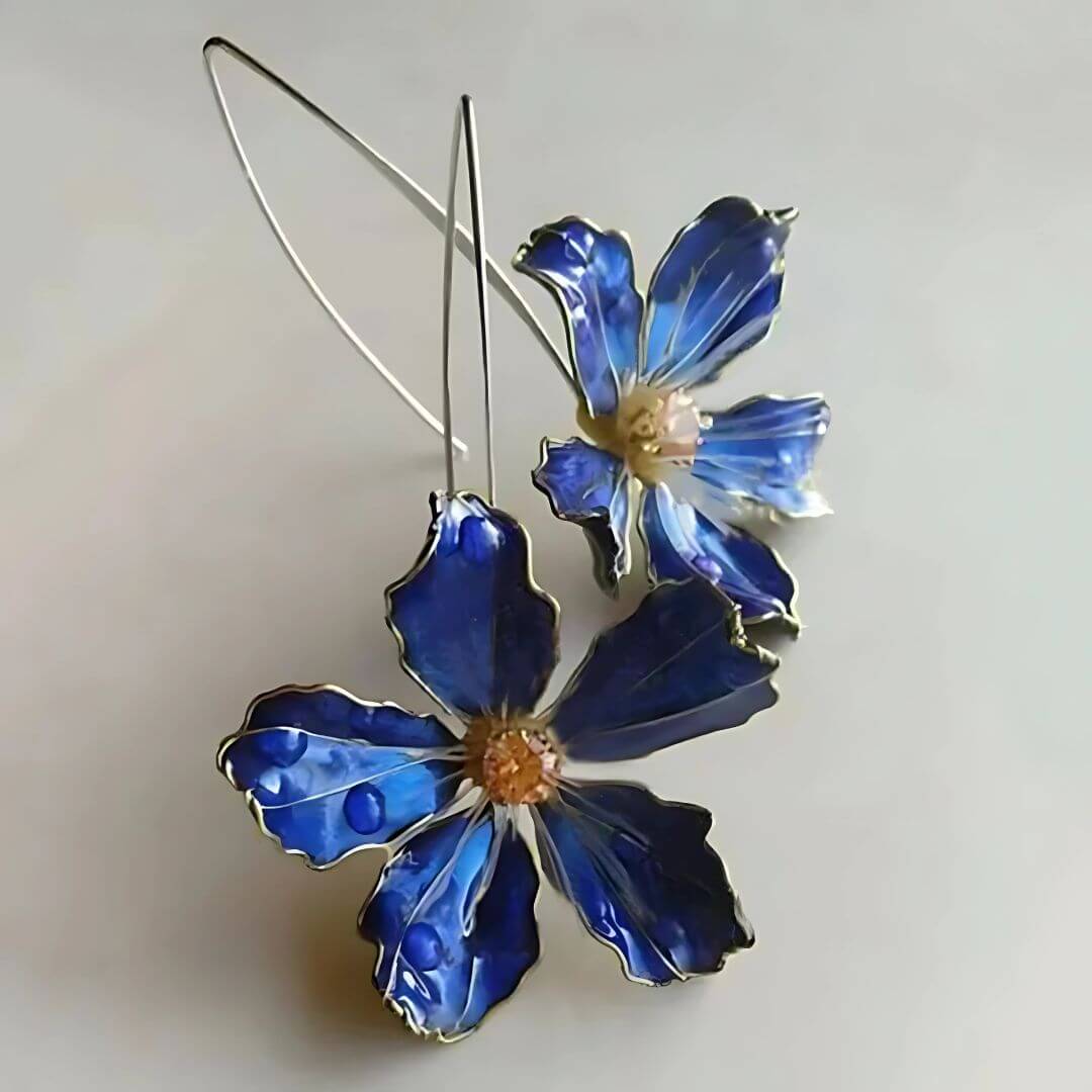 Blue Flower Enamel Dangle Earrings - Diane Jewelry