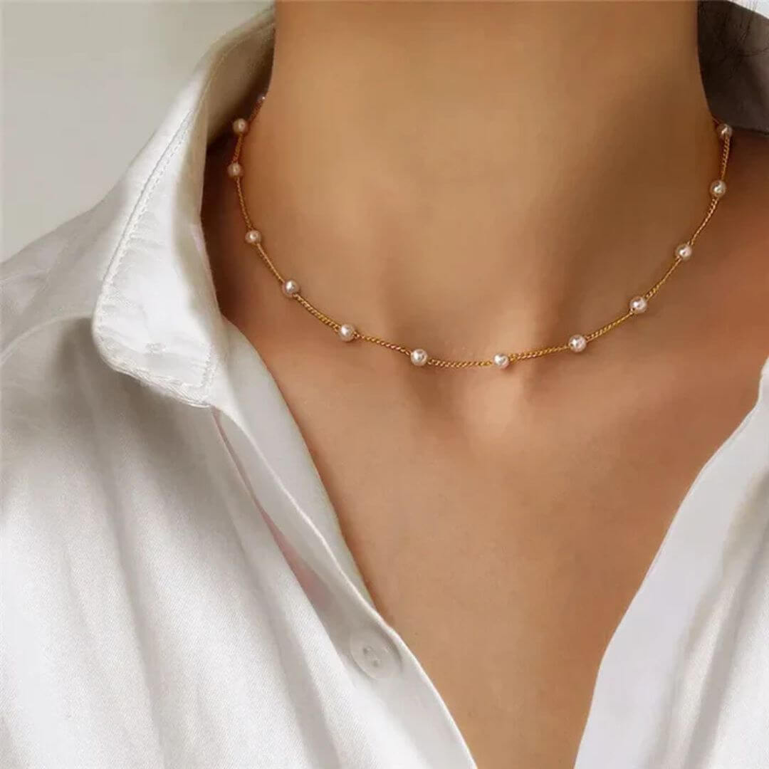 Gold Dainty Pearl Choker Necklace - Diane Jewelry