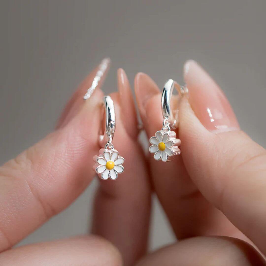 Silver Daisy Flower Hoop Earrings - Diane Jewelry