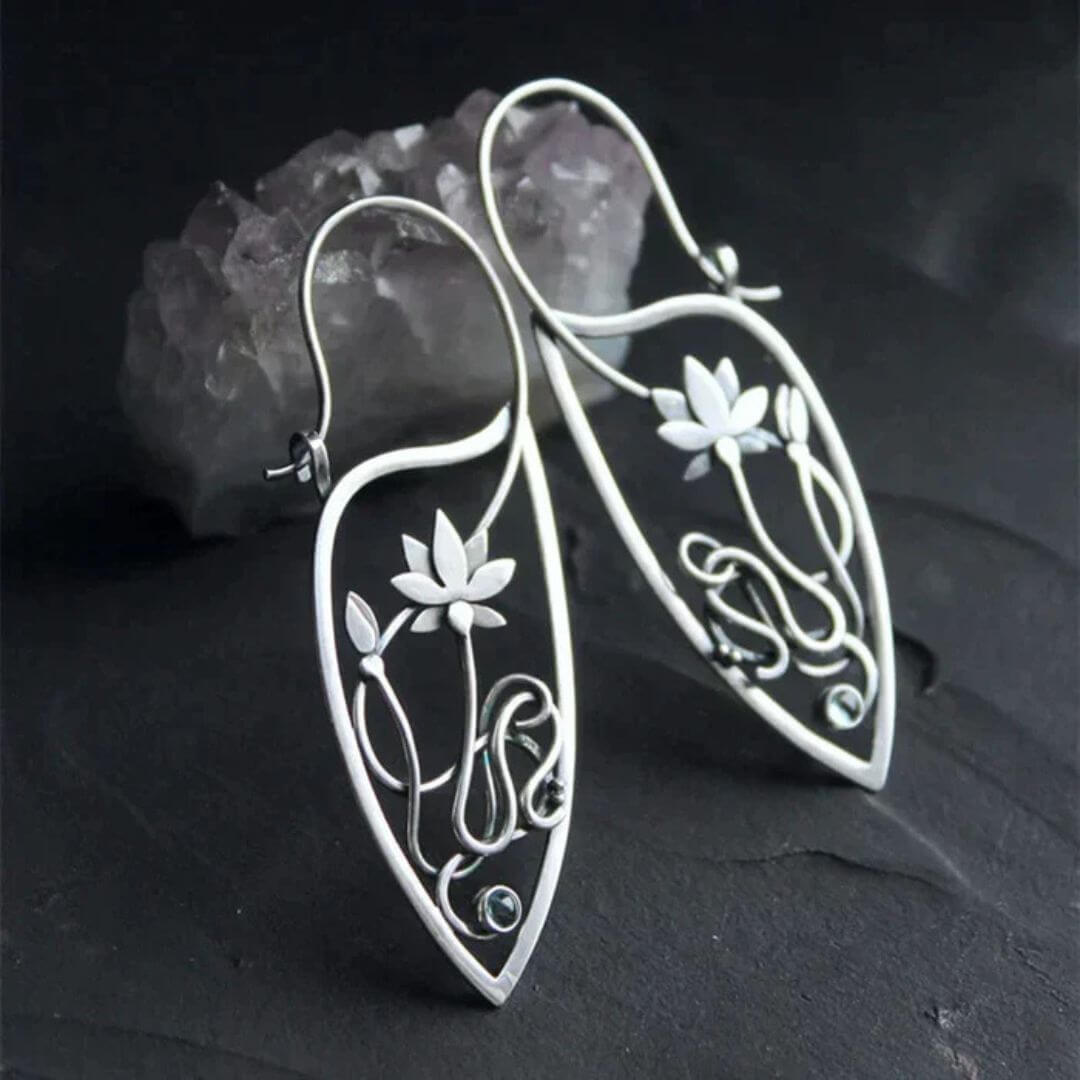 Silver Lotus Flower Dangle Earrings - Diane Jewelry