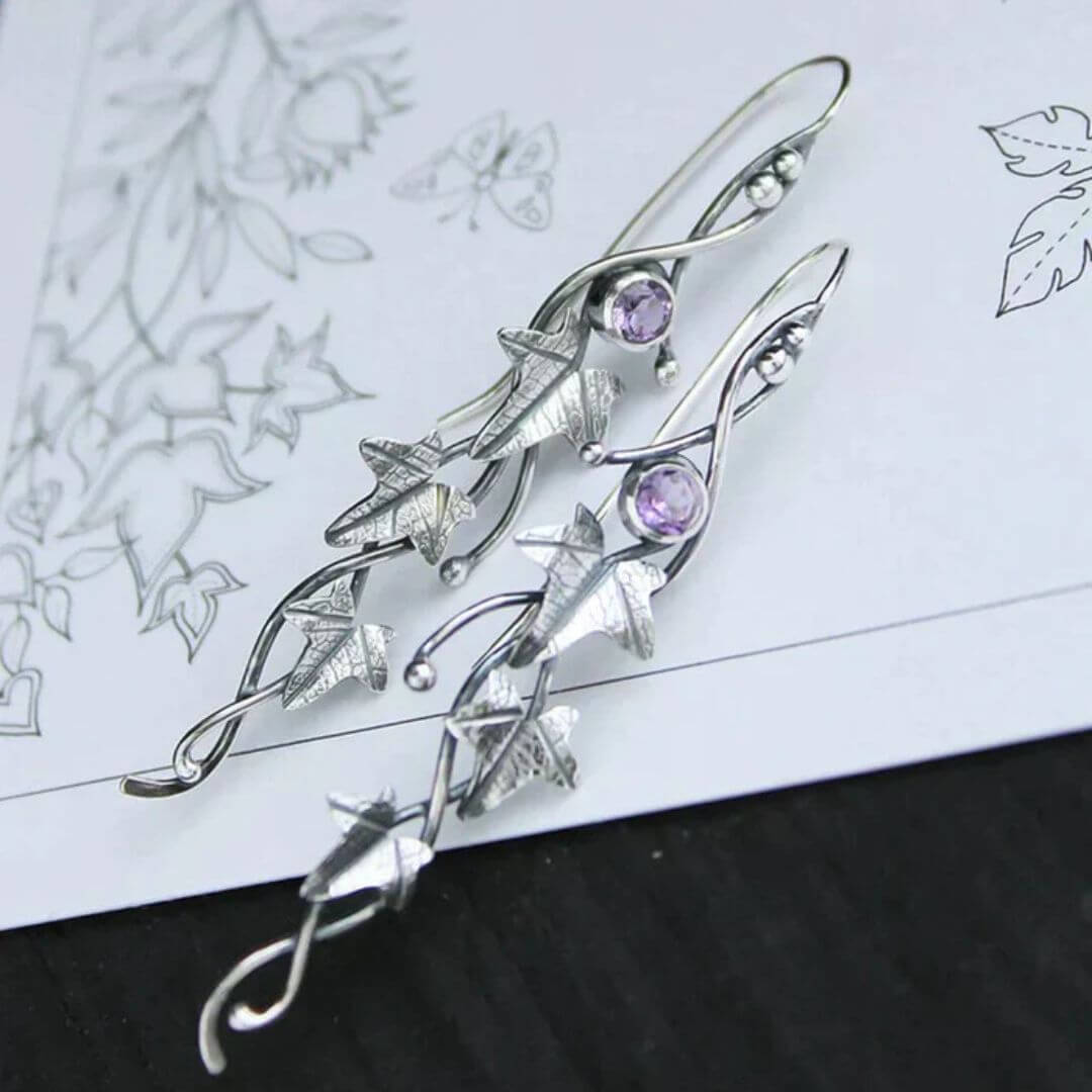 Silver Ivy Leaf Gem Earrings - Diane Jewelry